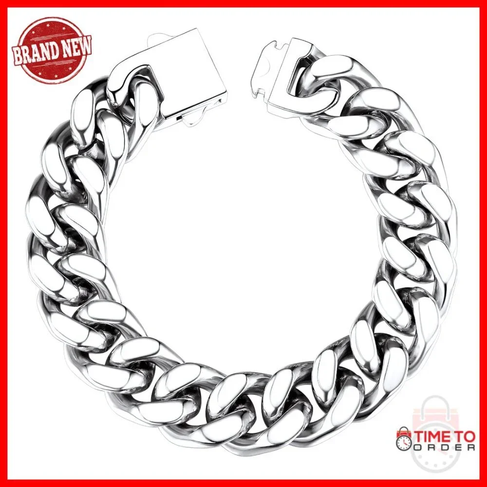 Stainless Steel Cuban Link Bracelet Men's 5mm 7mm 9mm 12mm Width Fold Over Clasp